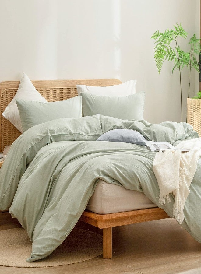 BESTOUCH Duvet Cover Set 100% Washed Cotton Linen Feel Super Soft Comfortable Chic Lightweight 3 PCs Home Bedding Set Solid Sage Green Super King - Image 4