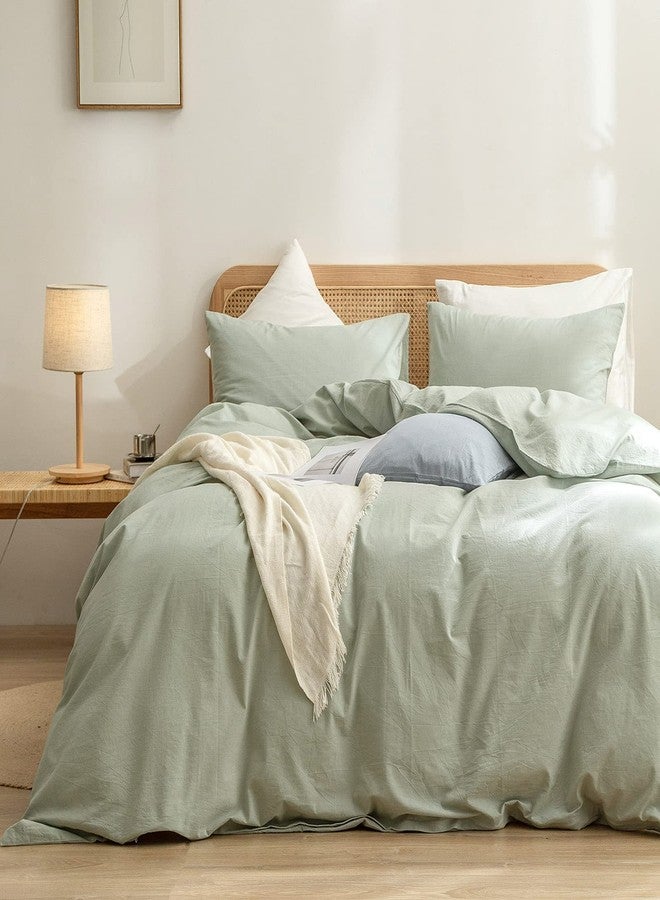 BESTOUCH Duvet Cover Set 100% Washed Cotton Linen Feel Super Soft Comfortable Chic Lightweight 3 PCs Home Bedding Set Solid Sage Green Super King - Image 1