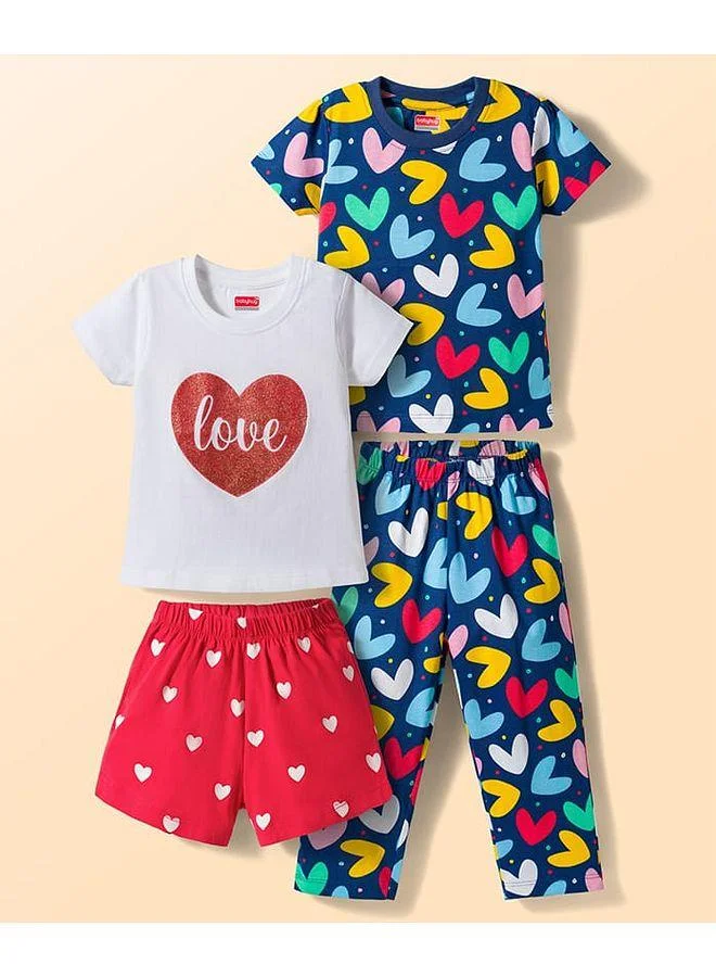 Babyhug Babyhug Cotton Knit Heart Printed Pajama & Short Pajama Set - Multicolor