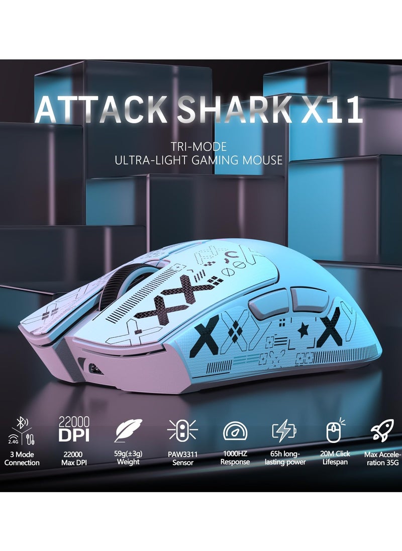 Attack Shark X11 Lightweight Wireless Gaming Mouse with RGB Charging Dock,Tri-Mode-2.4G/USB-C Wired/BT,22K DPI,PAW3311 Optical Sensor,HUYU Switch, 5 programmable Buttons for PC/Mac(White&Sticker)  - Image 2