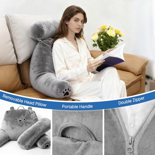 PZT Reading Pillow Plus, Crystal Velvet Back Pillow Bed Sitting Up for Adult & Children, Back Rest Pillow Support for Reading & Rest Bed, Add Height and Removable Pillows, Dorm Essentials, Grey - Image 5