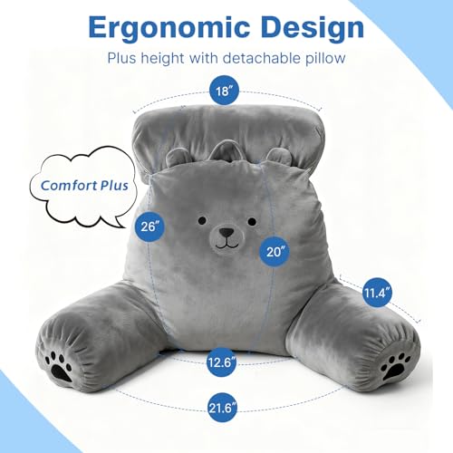 PZT Reading Pillow Plus, Crystal Velvet Back Pillow Bed Sitting Up for Adult & Children, Back Rest Pillow Support for Reading & Rest Bed, Add Height and Removable Pillows, Dorm Essentials, Grey - Image 2