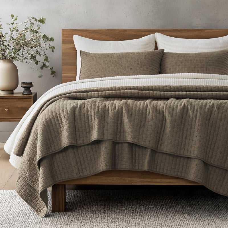 EVERGRACEHOME EVERGRACE Cross Stitch Pre-Washed Cotton Quilt Bedding Set King Size, Oversized 3 Pieces Lightweight Bedspread Coverlet for All Season, with 2 Matching Shams, Mocha Brown, 108"x96" - Image 1
