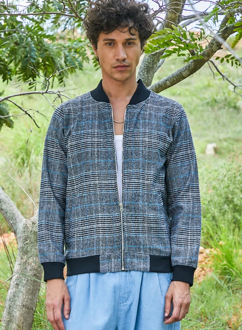 كامبوس سوترا جاكيت رجالي كاروهات أسود بحافة مضلعة