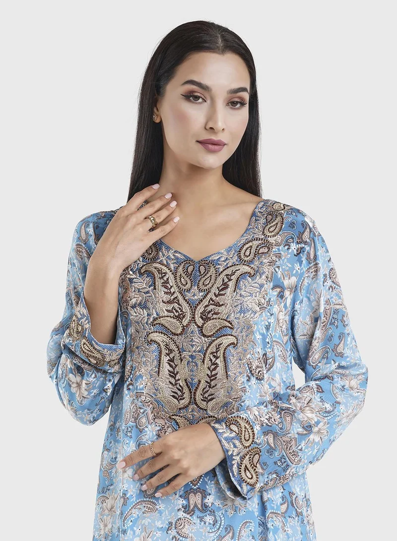 KASHKHA Blue Viscose Digital Paisley Print Jalabiya (VG2897)