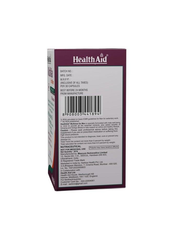 Health Aid - HealthAid MultiMax for Men |60 Vegetarian Liquid fill Capsules| With Ginseng, Zinc | 12 Vitamins & 8 Minerals | For Daily Energy, Stamina & Immunity - Image 1