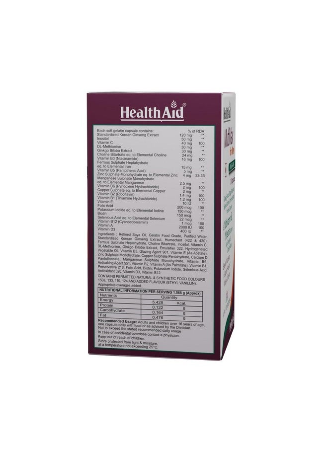 Health Aid - HealthAid MultiMax for Men |60 Vegetarian Liquid fill Capsules| With Ginseng, Zinc | 12 Vitamins & 8 Minerals | For Daily Energy, Stamina & Immunity - Image 1