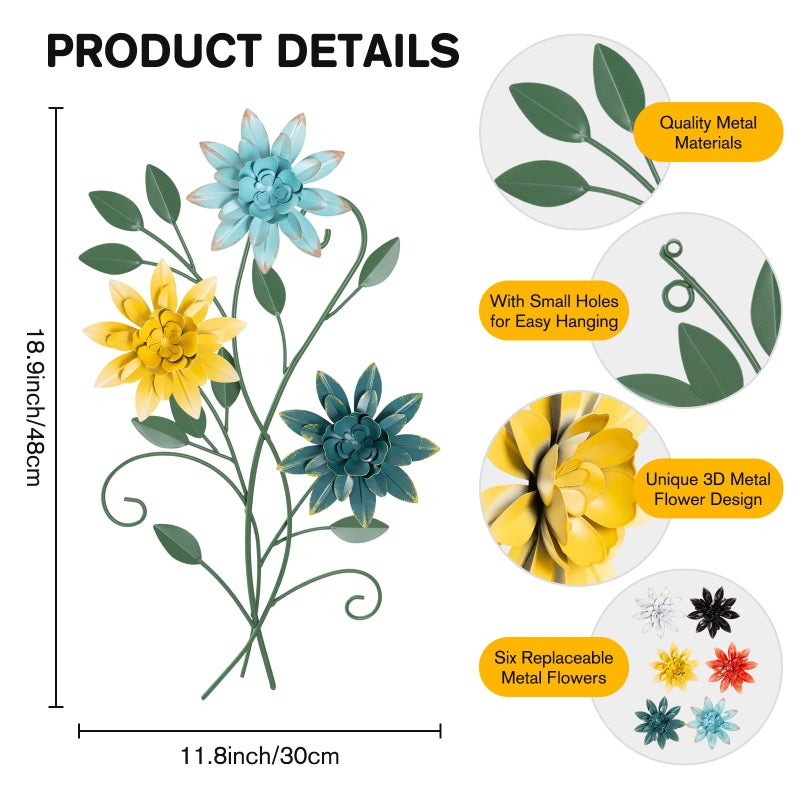 KHJCXS 19"Ã—12" Metal Flower Leaf Wall Art with 6 Piece Interchangeable Flowers, Modern Rustic Iron Artwork Hanging Decor, for Home Bedroom Living Room Dining Room Kitchen Office - Image 2