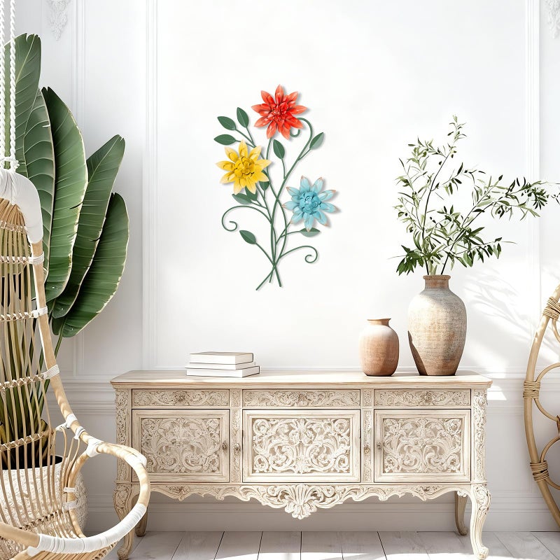 KHJCXS 19"Ã—12" Metal Flower Leaf Wall Art with 6 Piece Interchangeable Flowers, Modern Rustic Iron Artwork Hanging Decor, for Home Bedroom Living Room Dining Room Kitchen Office - Image 4