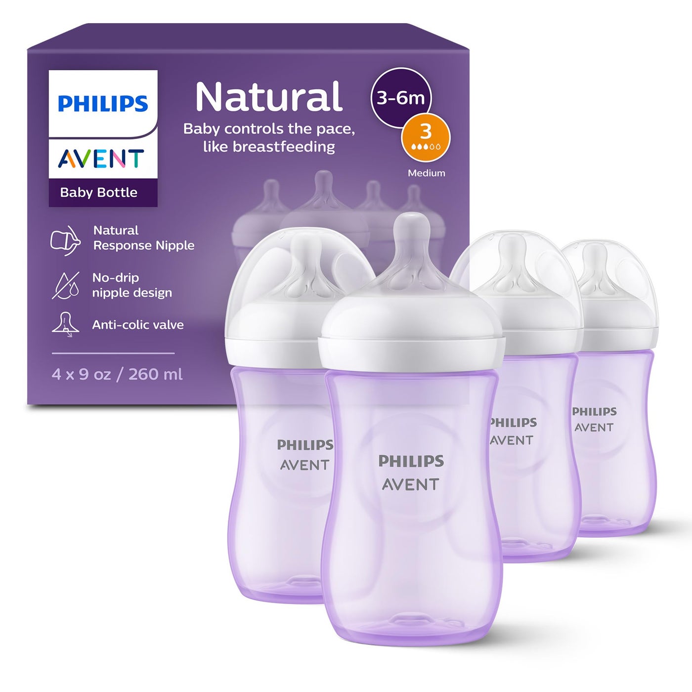 Avent Philips Avent Natural Baby Bottles with Natural Response Nipples Medium Flow Flow 3 9oz Purple 4Pack SCY90334