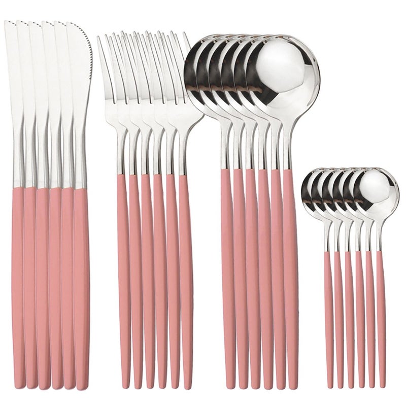 Pink Silvery Stainless Steel Cutlery Set 24 Piece Dinnerware With Knife Fork And Spoon Dishwasher Safe Western Style Tableware For Home Kitchen - Image 1