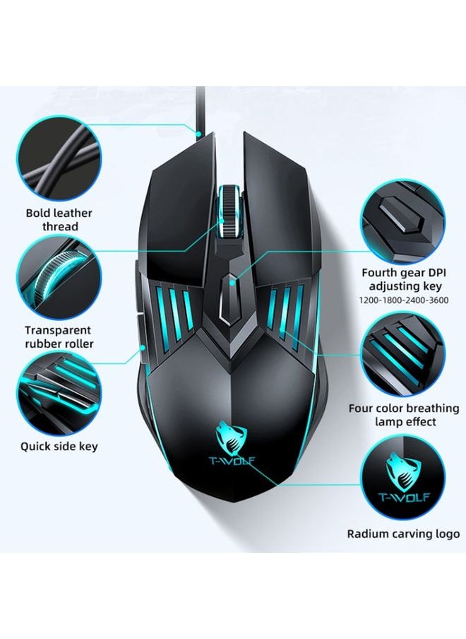 T-WOLF G560 6-keys Cool Breathing Light Gaming Wired Mouse Mechanical Office Silent Mouse(Blue)