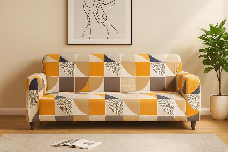 KINGLY Yellow Beige Modern Geometric Print Sofa Cover 4 Seater Sofa Cover 4 Seater Fully Covered Elastic Stretchable Universal Fit Washable Anti-Slip Sofa Protector for Stylish Homes - Image 2