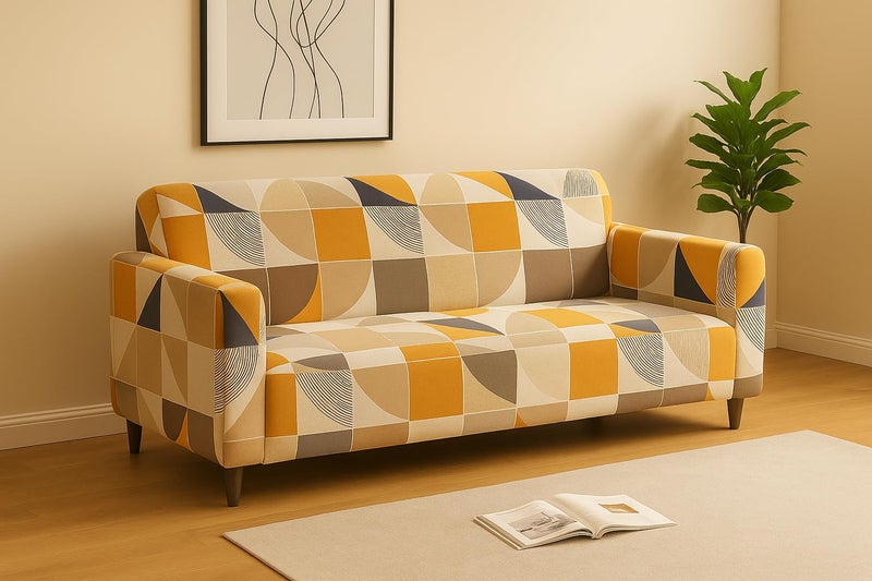 KINGLY Yellow Beige Modern Geometric Print Sofa Cover 4 Seater Sofa Cover 4 Seater Fully Covered Elastic Stretchable Universal Fit Washable Anti-Slip Sofa Protector for Stylish Homes - Image 1