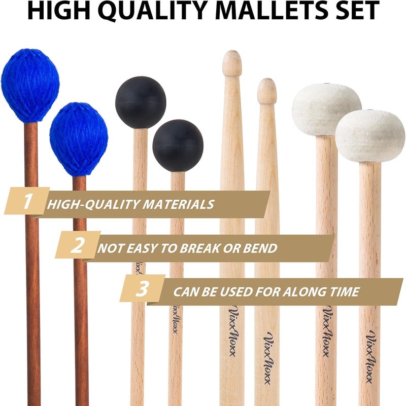 VixxNoxx Drum Mallets Kit – 4 Pairs (Felt Timpani, Rubber, Marimba, 5A) Drumsticks with Bag, Percussion Instrument Beginner Accessories for Steel Drum, Bass Drum, Glockenspiel, Xylophone Mallet - Image 3