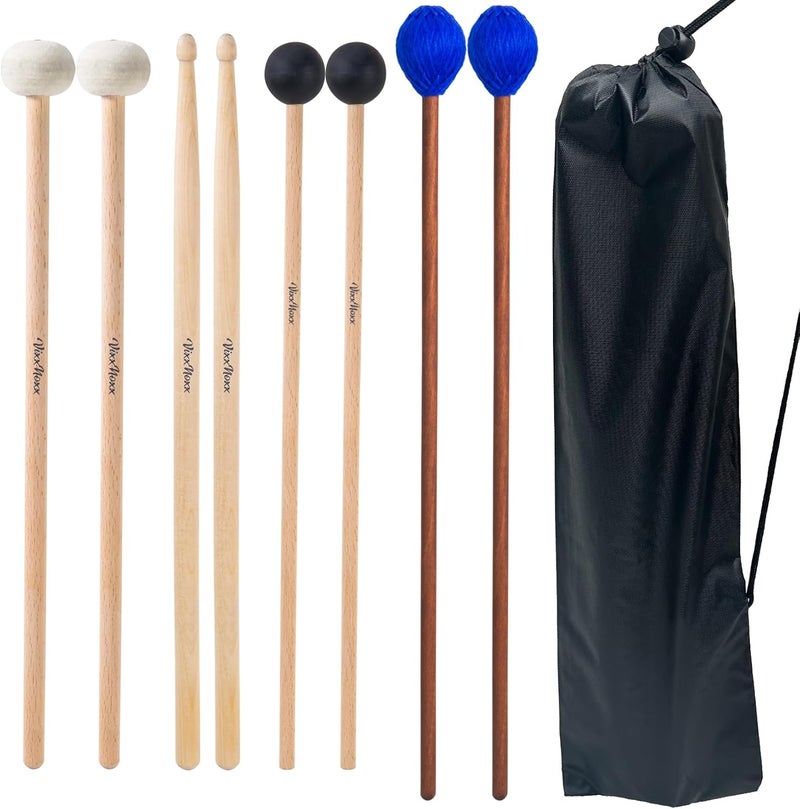 VixxNoxx Drum Mallets Kit – 4 Pairs (Felt Timpani, Rubber, Marimba, 5A) Drumsticks with Bag, Percussion Instrument Beginner Accessories for Steel Drum, Bass Drum, Glockenspiel, Xylophone Mallet - Image 1