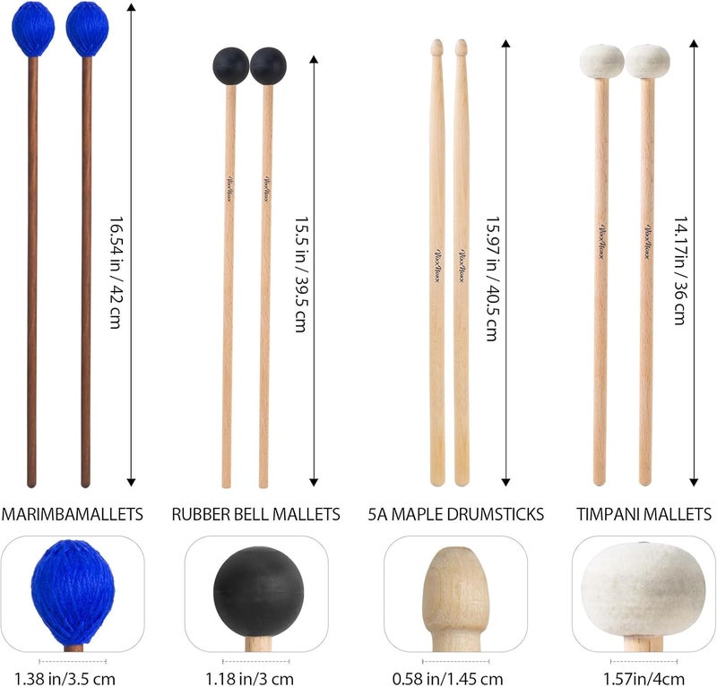 VixxNoxx Drum Mallets Kit – 4 Pairs (Felt Timpani, Rubber, Marimba, 5A) Drumsticks with Bag, Percussion Instrument Beginner Accessories for Steel Drum, Bass Drum, Glockenspiel, Xylophone Mallet - Image 2