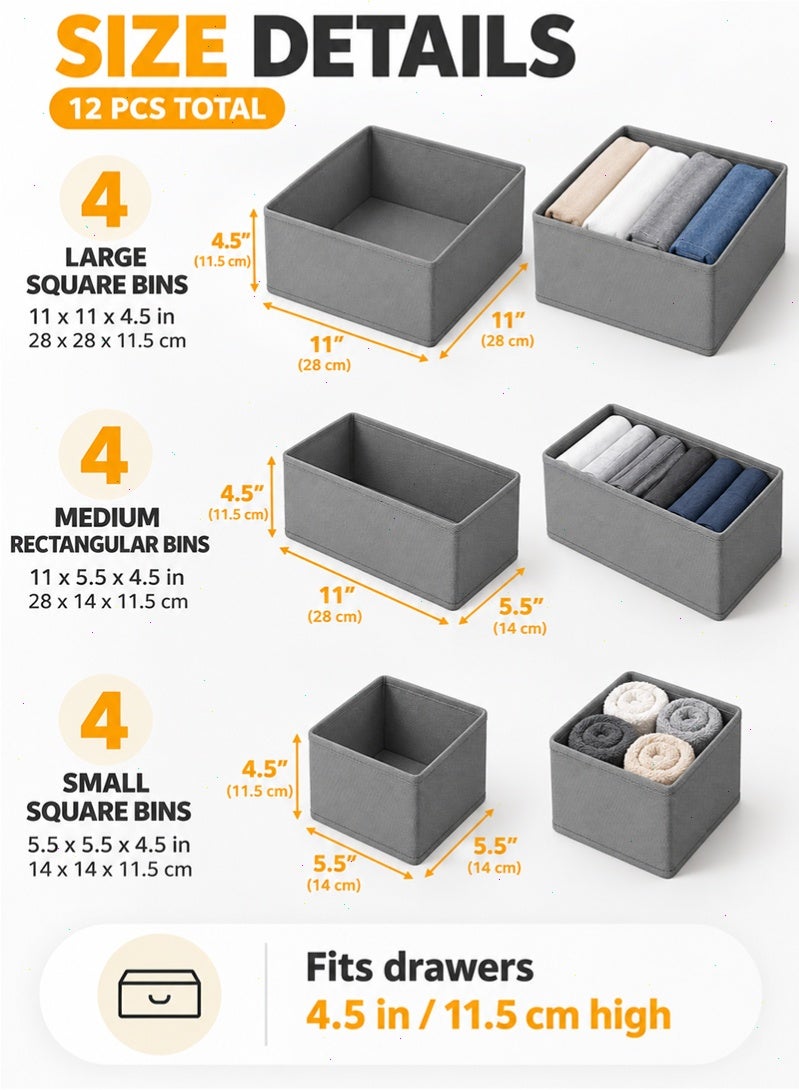 Topyich 12 Pack Clothes Drawer Organizer, Grey Fabric Dresser Storage Bins, Closet & Nursery Organizer for Underwear, Socks, Baby Clothes & Accessories - Image 2