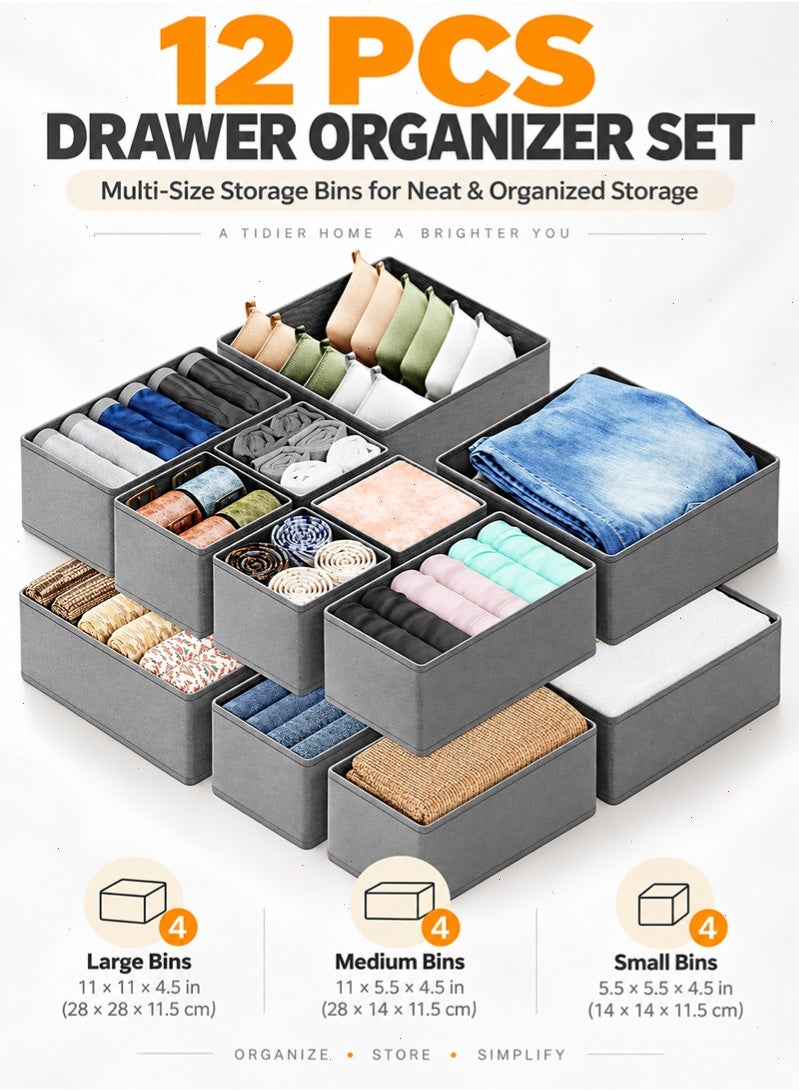 Topyich 12 Pack Clothes Drawer Organizer, Grey Fabric Dresser Storage Bins, Closet & Nursery Organizer for Underwear, Socks, Baby Clothes & Accessories - Image 1