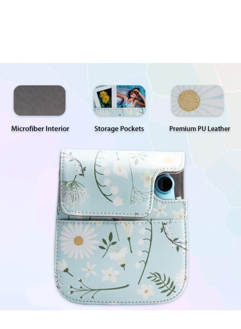 Camera Bag Camera Protection Bag Vintage Floral PU Leather Camera Storage Bag with Shoulder Strap for Instax Mini 11 Fresh Green Small Daisy Camera Bag - Image 5