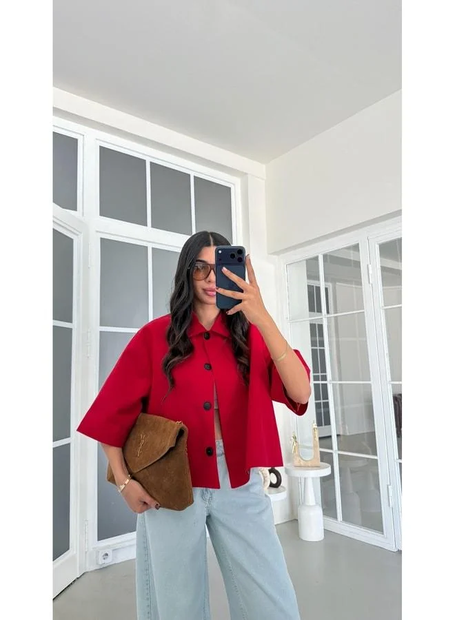 Gaus Red Half-Sleeve Design Buttoned Trench Coat GAUS-01993.