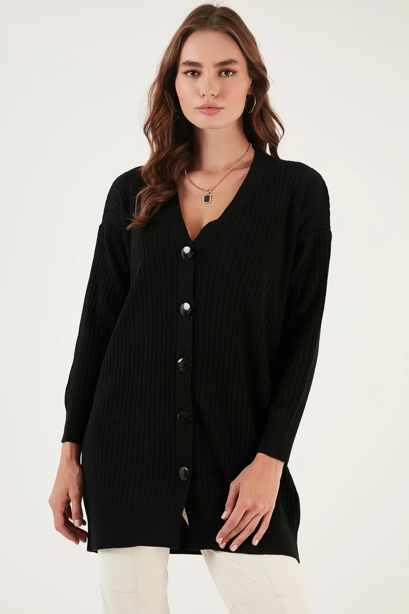 Lela V Neck Buttoned Long Knitted Cardigan Women's Cardigan 4616040Y