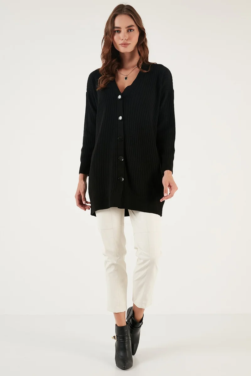Lela V Neck Buttoned Long Knitted Cardigan Women's Cardigan 4616040Y