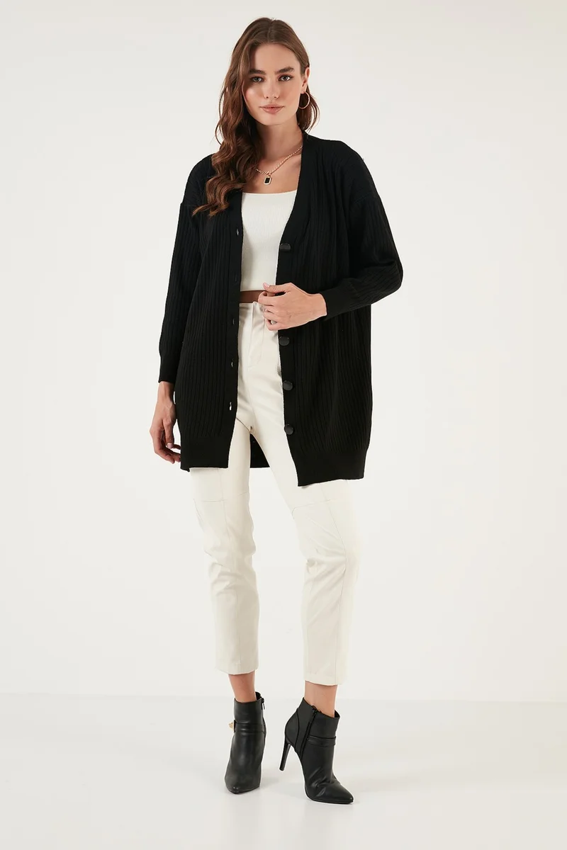 Lela V Neck Buttoned Long Knitted Cardigan Women's Cardigan 4616040Y