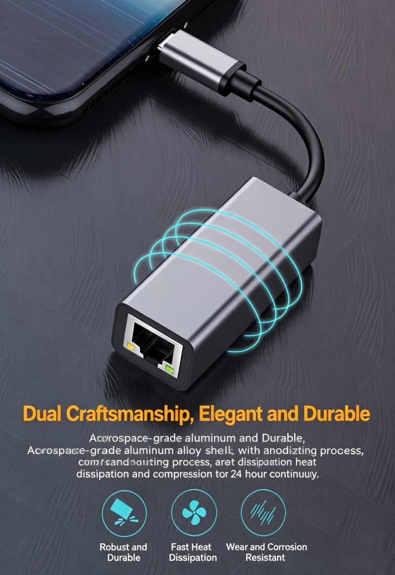 محول USB-C إلى إيثرنت بسرعة جيجابت – منفذ RJ45، يدعم 10/100/1000 ميجابت/ثانية، متوافق مع Thunderbolt 3/4، يعمل مع ThinkPad وSurface Pro وiPad Pro وMacBook Pro وGalaxy - Image 2