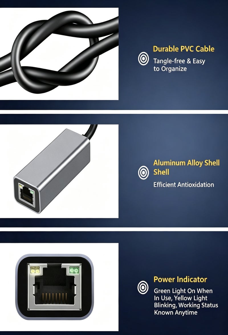 محول USB-C إلى إيثرنت بسرعة جيجابت – منفذ RJ45، يدعم 10/100/1000 ميجابت/ثانية، متوافق مع Thunderbolt 3/4، يعمل مع ThinkPad وSurface Pro وiPad Pro وMacBook Pro وGalaxy - Image 3