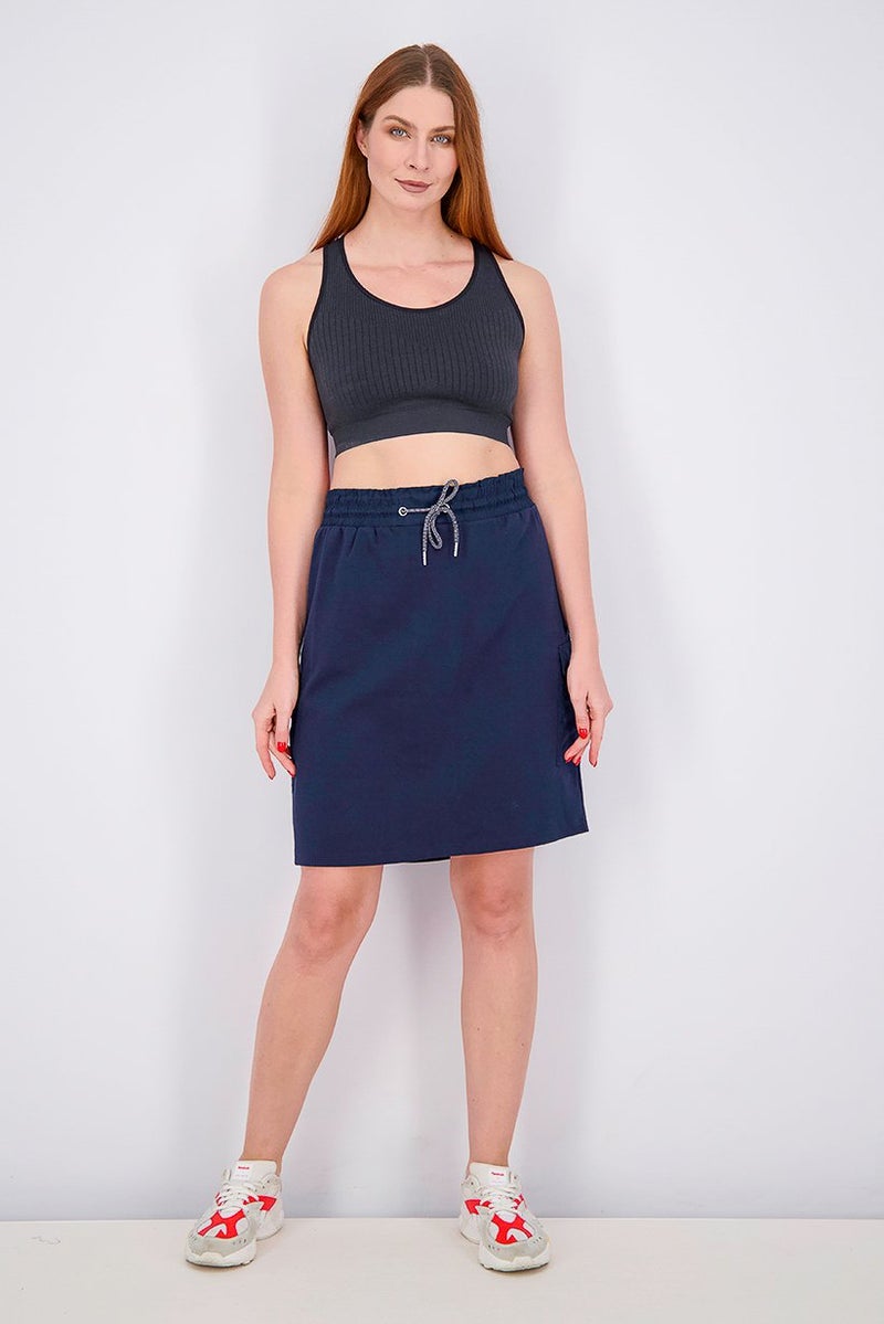 Tchibo Women Plain Cargo Pockets Midi Skirt, Navy - Image 3