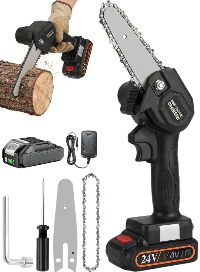 Mini Cordless Electric Chainsaw, 24V Battery Powered Handheld Chainsaw with 4-Inch Guide Bar, Brushless Motor, Portable Tree Pruning Saw for Branch Trimming, Wood Cutting and Garden Maintenance - Image 1
