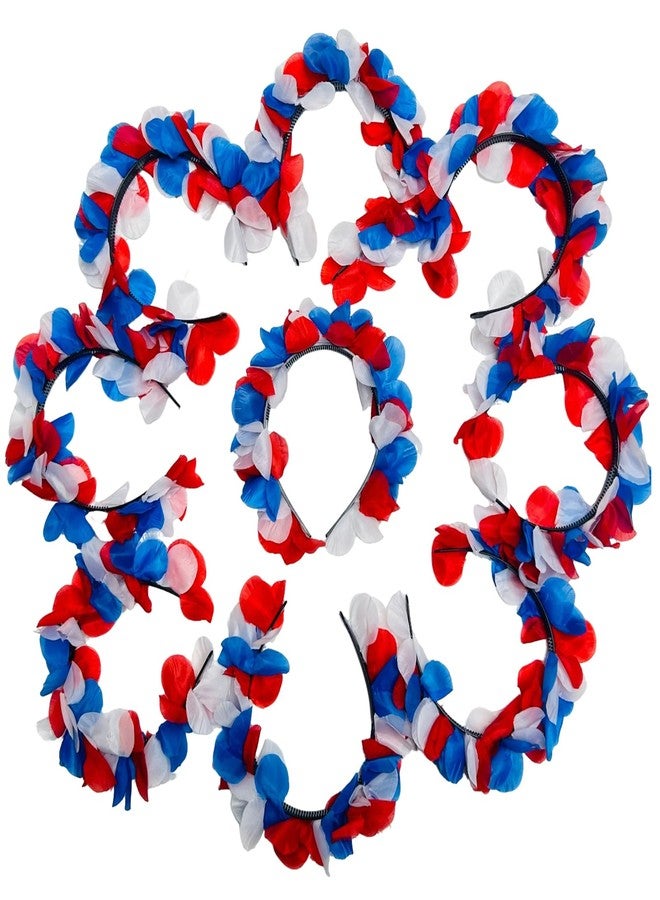 Becfupo 9 Pcs Red Blue White Flower Headbands And 9 Pcs Patriotic Leis Necklaces For 4th Of July Decoration, Independence Day Parade - Image 3