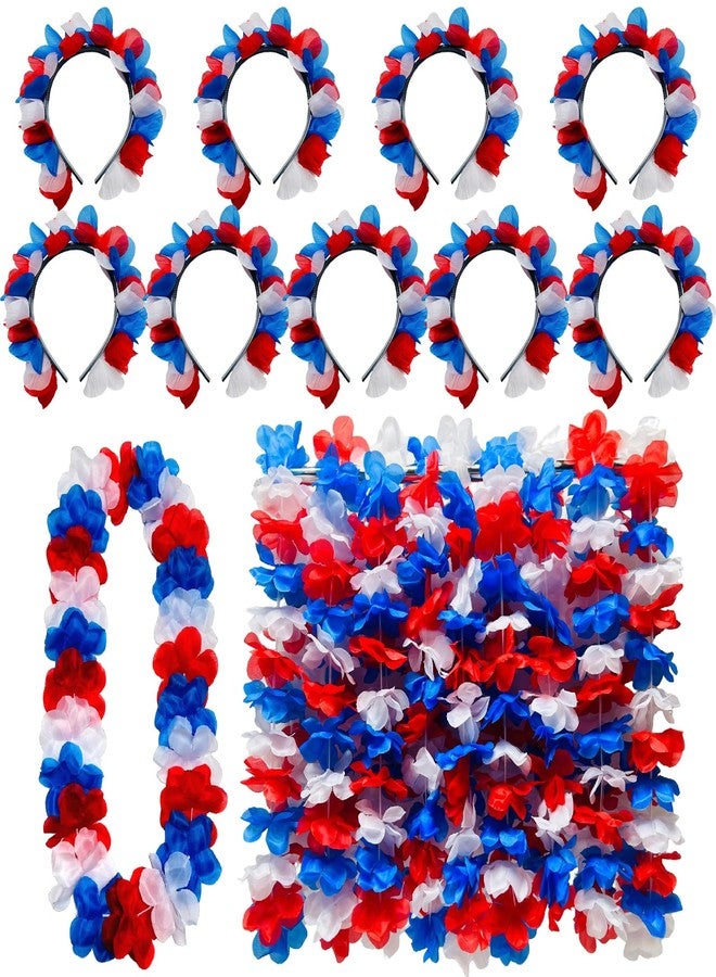 Becfupo 9 Pcs Red Blue White Flower Headbands And 9 Pcs Patriotic Leis Necklaces For 4th Of July Decoration, Independence Day Parade - Image 1