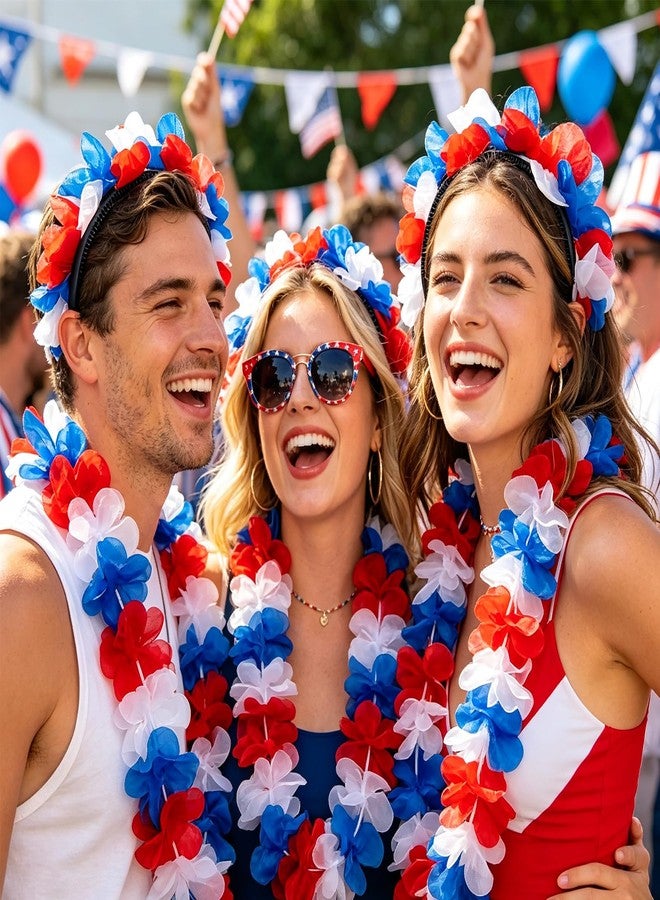 Becfupo 9 Pcs Red Blue White Flower Headbands And 9 Pcs Patriotic Leis Necklaces For 4th Of July Decoration, Independence Day Parade - Image 5