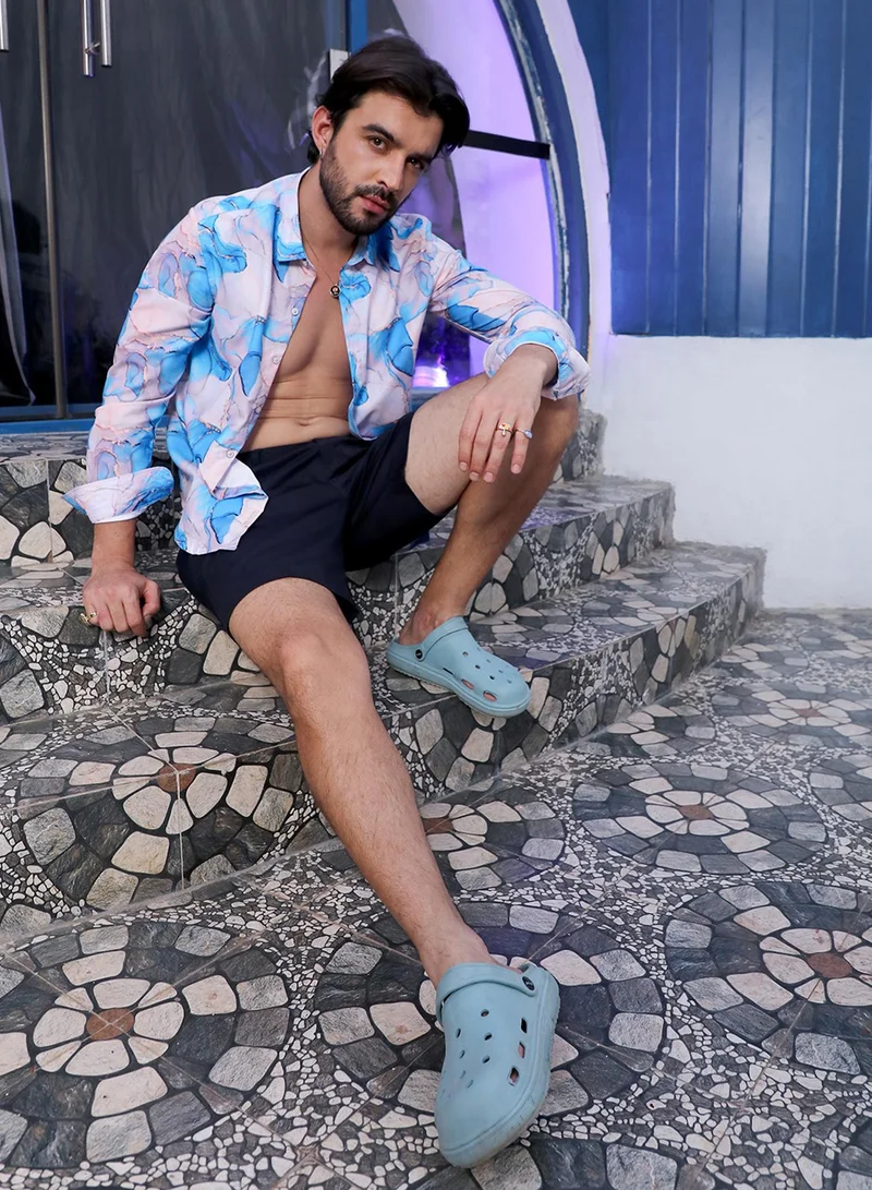 Campus Sutra Campus Sutra Men's Sky Blue & Ivory White Marble Shirt For Casual Wear | Spread Collar | Long Sleeve | Button Closure | Shirt Crafted With Comfort Fit For Everyday Wear