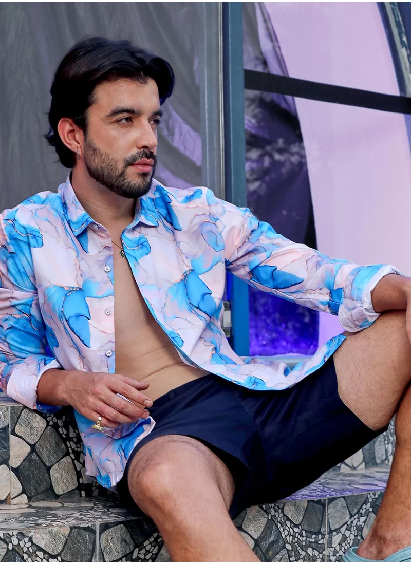 Campus Sutra Campus Sutra Men's Sky Blue & Ivory White Marble Shirt For Casual Wear | Spread Collar | Long Sleeve | Button Closure | Shirt Crafted With Comfort Fit For Everyday Wear