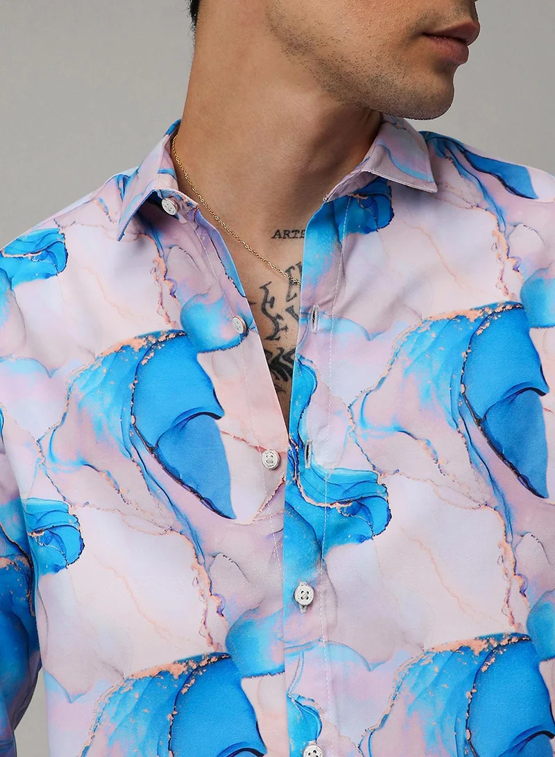 Campus Sutra Campus Sutra Men's Sky Blue & Ivory White Marble Shirt For Casual Wear | Spread Collar | Long Sleeve | Button Closure | Shirt Crafted With Comfort Fit For Everyday Wear