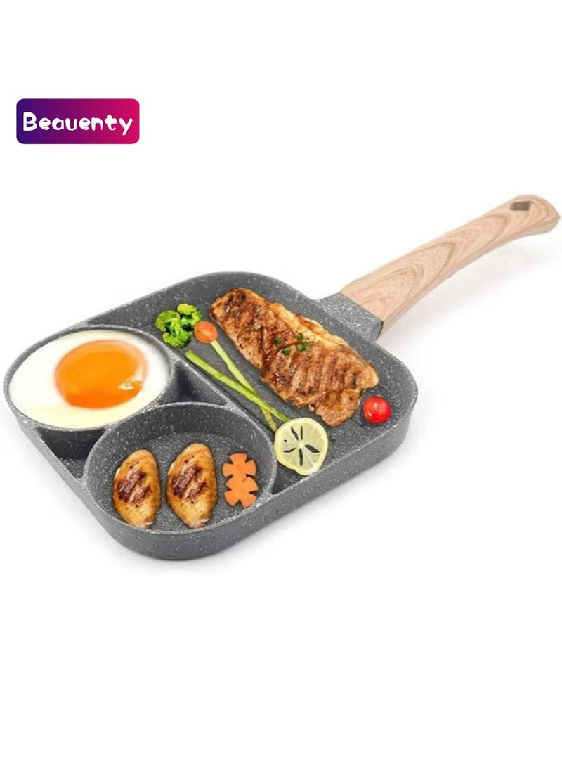 Beauenty 2-in-1 Nonstick Egg Steak Skillet, 3-Section Aluminum Alloy Egg Pan with Wooden Handles for Cooking Ham Omelet Egg Muffins - Image 1