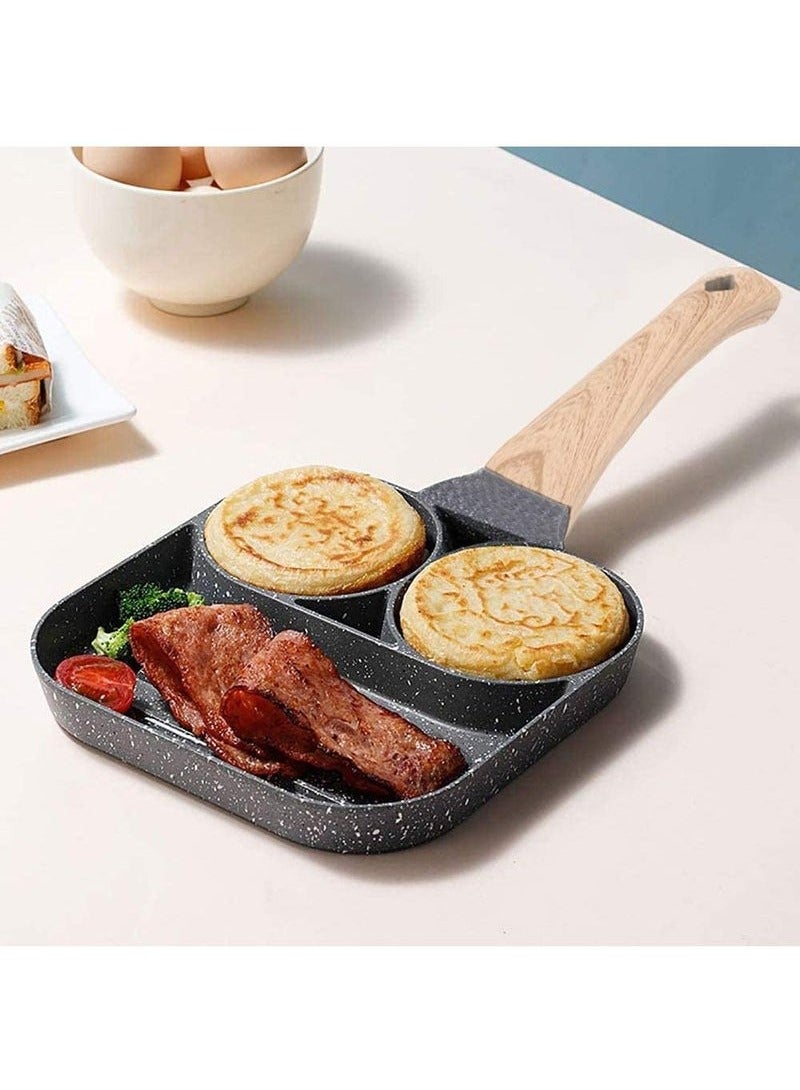 Beauenty 2-in-1 Nonstick Egg Steak Skillet, 3-Section Aluminum Alloy Egg Pan with Wooden Handles for Cooking Ham Omelet Egg Muffins - Image 4