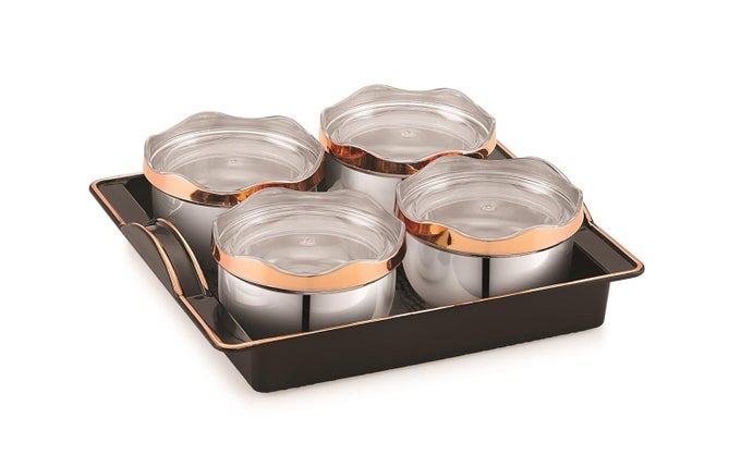 - PHOENIX MULTIPURPOSE SET - STAINLESS STEEL CONTAINERS - WITH SILICON RING - EYE CATCHING GIFT BOX FOR EVERY OCCASION - IDEAL FOR STORING & SERVING DRY FRUITS, CHOCOLATES & SPICES (PACK OF 4)