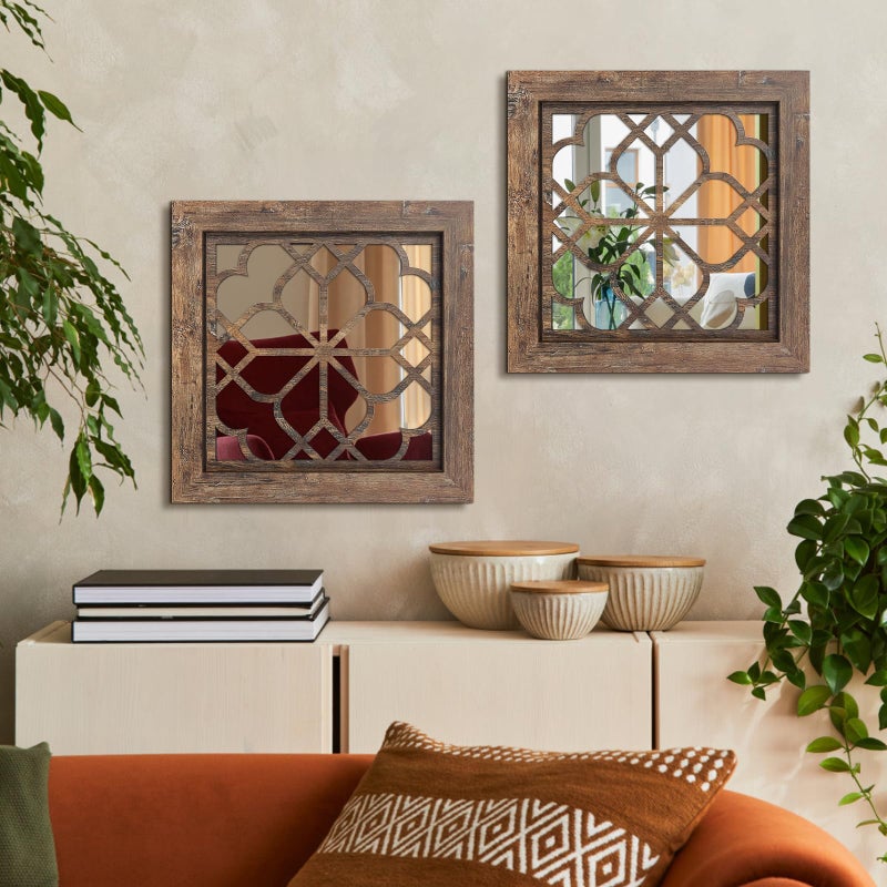 HMANGE Boho Wall Mirror Decor, Set of 2 Rustic Farmhouse Mirror 12x12 Inch, Square Shatterproof Vintage Style Mirrors for Wall, Small Decorative Mirrors for Living Room, Bedroom(Redbrown) - Image 2