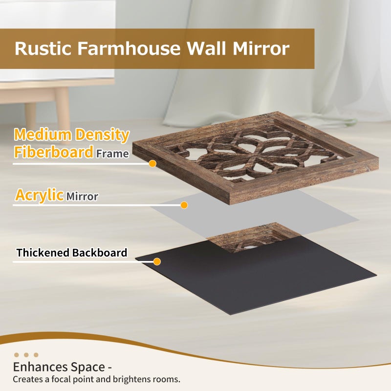HMANGE Boho Wall Mirror Decor, Set of 2 Rustic Farmhouse Mirror 12x12 Inch, Square Shatterproof Vintage Style Mirrors for Wall, Small Decorative Mirrors for Living Room, Bedroom(Redbrown) - Image 3