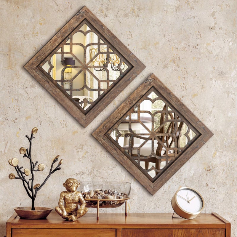 HMANGE Boho Wall Mirror Decor, Set of 2 Rustic Farmhouse Mirror 12x12 Inch, Square Shatterproof Vintage Style Mirrors for Wall, Small Decorative Mirrors for Living Room, Bedroom(Redbrown) - Image 1