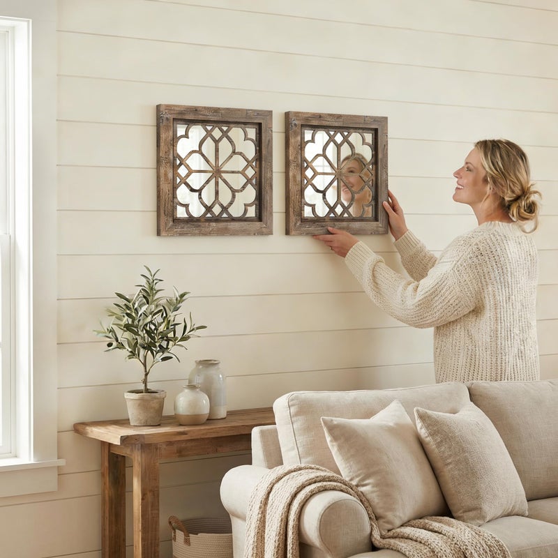 HMANGE Boho Wall Mirror Decor, Set of 2 Rustic Farmhouse Mirror 12x12 Inch, Square Shatterproof Vintage Style Mirrors for Wall, Small Decorative Mirrors for Living Room, Bedroom(Redbrown) - Image 5