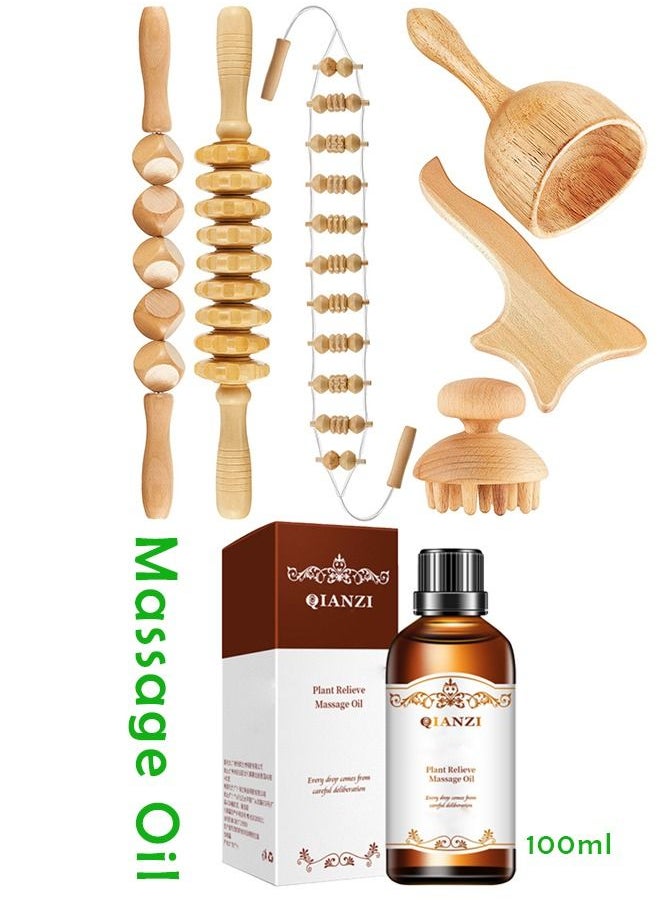 XiuWoo 100ml massage oil and 6 Pieces Wood Therapy Kit Massage Tools Maderoterapia Kit Wood Massager Roller Wood Gua Sha Roller Manual Wooden Fascia Massage for Release Cellulite Muscle Blasting Pain Relief  - Image 1