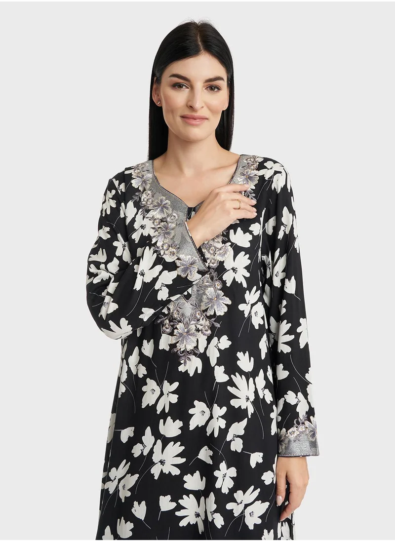 KASHKHA Rayon Floral Monochrome Print Jalabiya