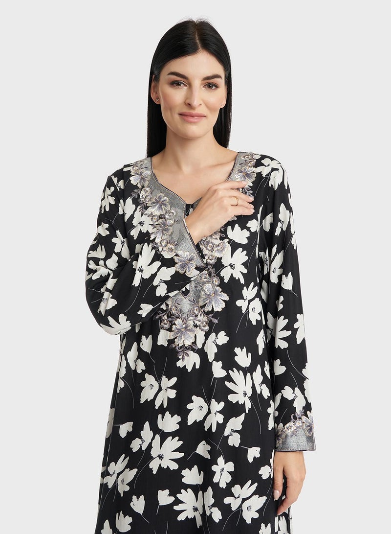 KASHKHA Rayon Floral Monochrome Print Jalabiya - Image 1