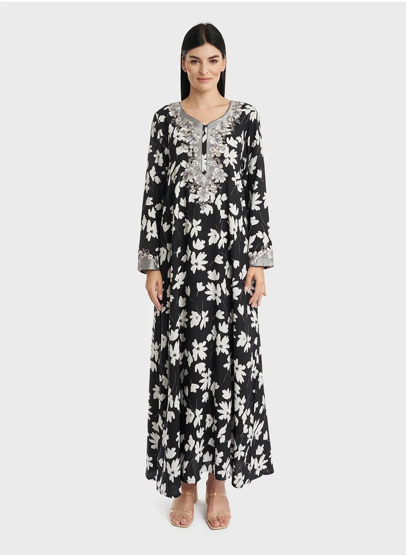 KASHKHA Rayon Floral Monochrome Print Jalabiya