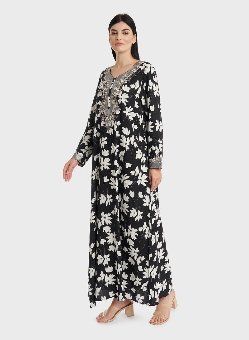 KASHKHA Rayon Floral Monochrome Print Jalabiya - Image 3